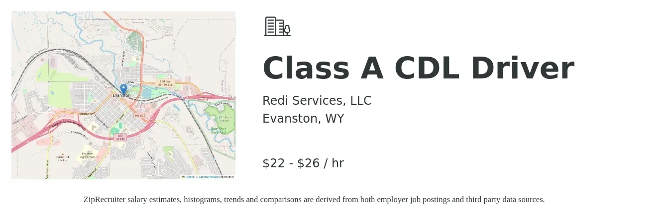 Redi Services, LLC job posting for a Class A CDL Driver in Evanston, WY with a salary of $23 to $28 Hourly with a map of Evanston location.