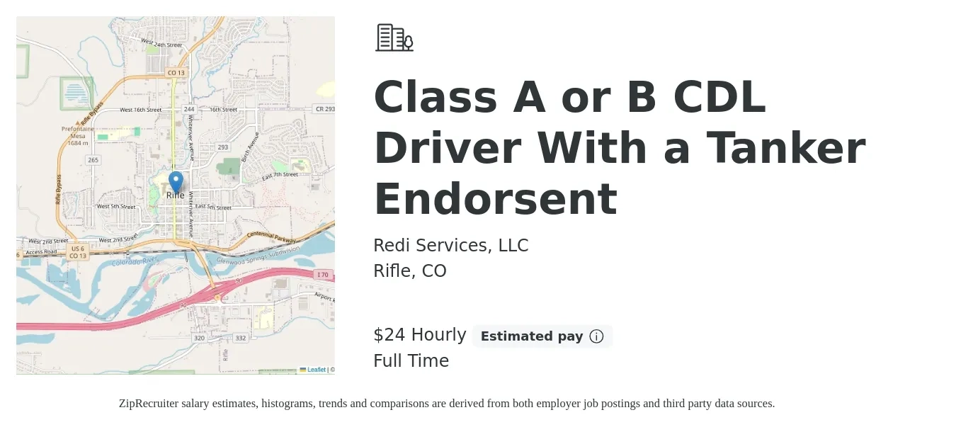 Redi Services, LLC job posting for a Class A or B CDL Driver With a Tanker Endorsent in Rifle, CO with a salary of $25 Hourly with a map of Rifle location.