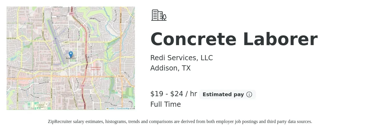 Redi Services, LLC job posting for a Concrete Laborer in Addison, TX with a salary of $20 to $25 Hourly with a map of Addison location.