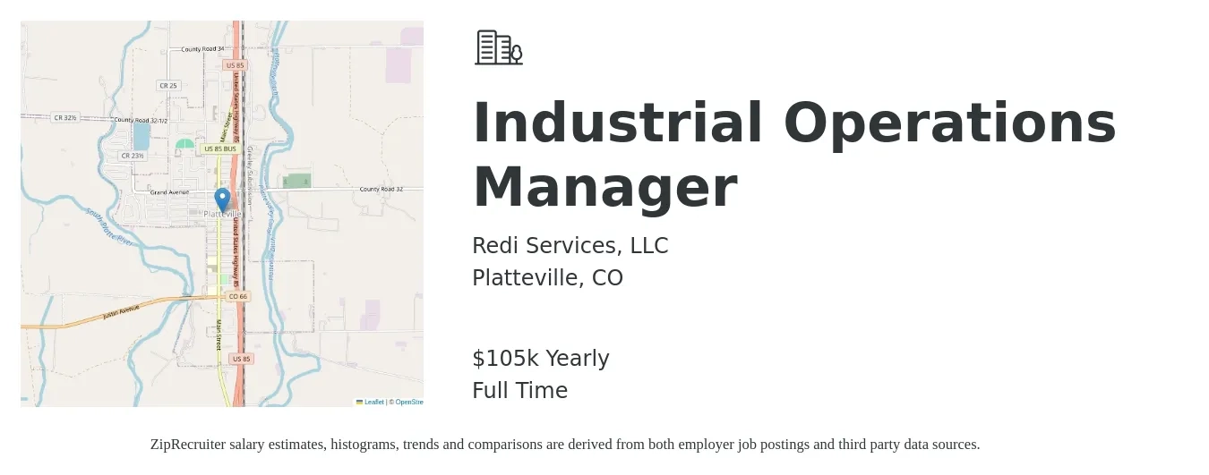Redi Services, LLC job posting for a Industrial Operations Manager in Platteville, CO with a salary of $105,000 Yearly with a map of Platteville location.