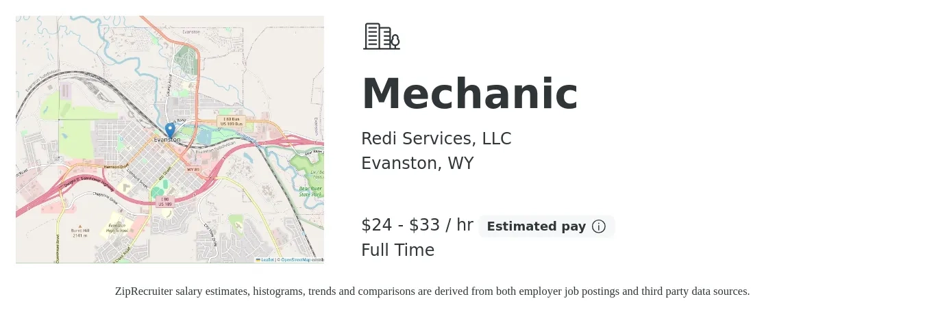 Redi Services, LLC job posting for a Mechanic in Evanston, WY with a salary of $25 to $35 Hourly with a map of Evanston location.