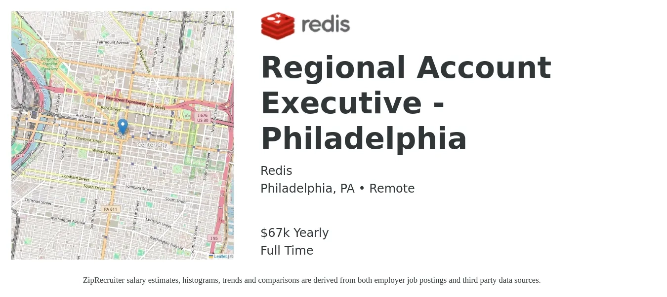 Redis job posting for a Regional Account Executive - Philadelphia in Philadelphia, PA with a salary of $67,000 Yearly with a map of Philadelphia location.