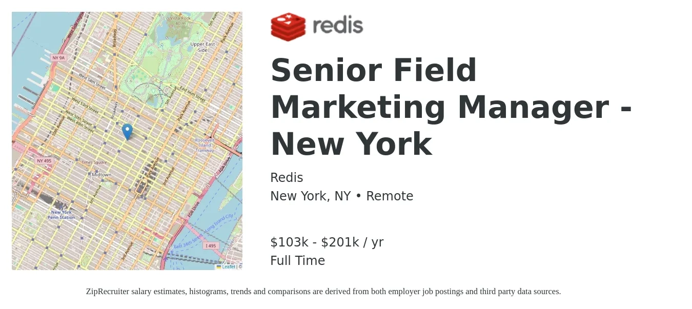 Redis job posting for a Senior Field Marketing Manager - New York in New York, NY with a salary of $103,083 to $201,783 Yearly with a map of New York location.
