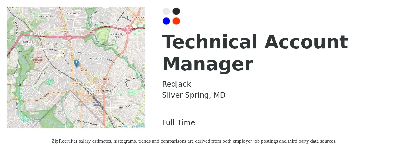 Redjack job posting for a Technical Account Manager in Silver Spring, MD with a salary of $64,100 to $103,900 Yearly with a map of Silver Spring location.