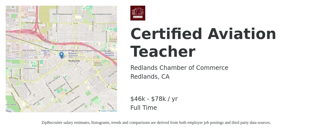 Redlands Chamber of Commerce job posting for a Certified Aviation Teacher in Redlands, CA with a salary of $46,660 to $78,091 Yearly with a map of Redlands location.