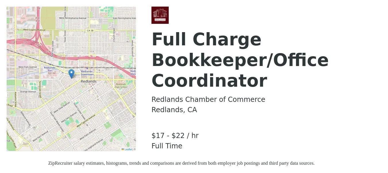 Redlands Chamber of Commerce job posting for a Full Charge Bookkeeper/Office Coordinator in Redlands, CA with a salary of $18 to $23 Hourly with a map of Redlands location.