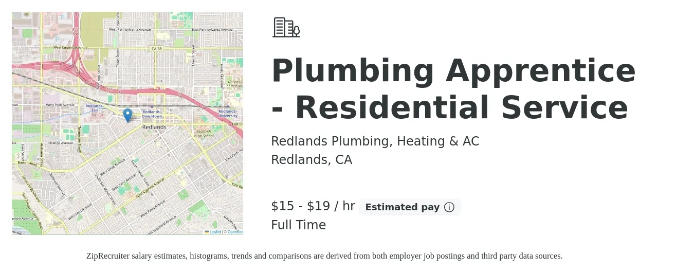 Redlands Plumbing, Heating & AC job posting for a Plumbing Apprentice - Residential Service in Redlands, CA with a salary of $16 to $20 Hourly with a map of Redlands location.