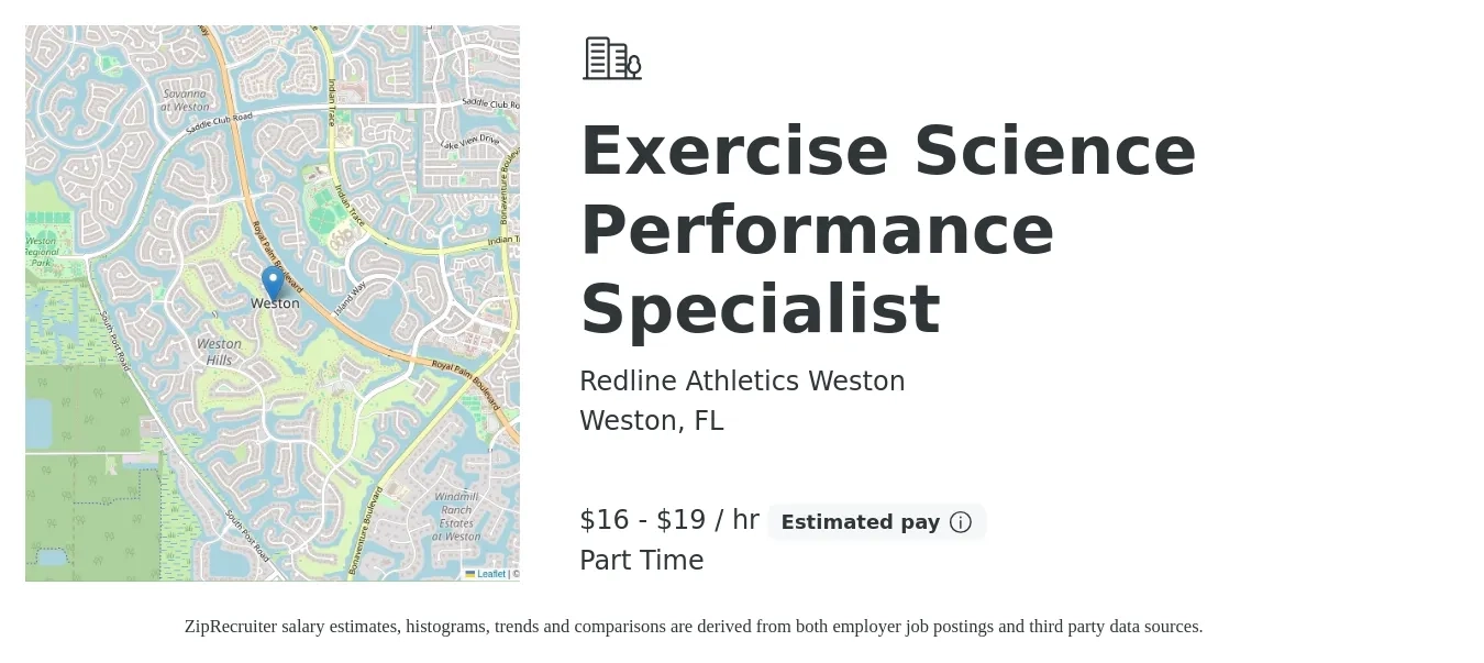 Redline Athletics Weston job posting for a Exercise Science Performance Specialist in Weston, FL with a salary of $17 to $20 Hourly (plus commission) with a map of Weston location.