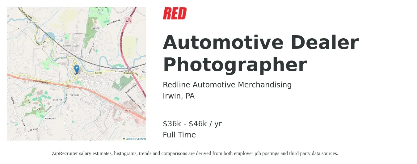 Redline Automotive Merchandising job posting for a Automotive Dealer Photographer in Irwin, PA with a salary of $35,000 to $45,000 Yearly with a map of Irwin location.