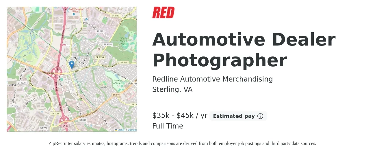 Redline Automotive Merchandising job posting for a Automotive Dealer Photographer in Sterling, VA with a salary of $35,000 to $45,000 Yearly with a map of Sterling location.