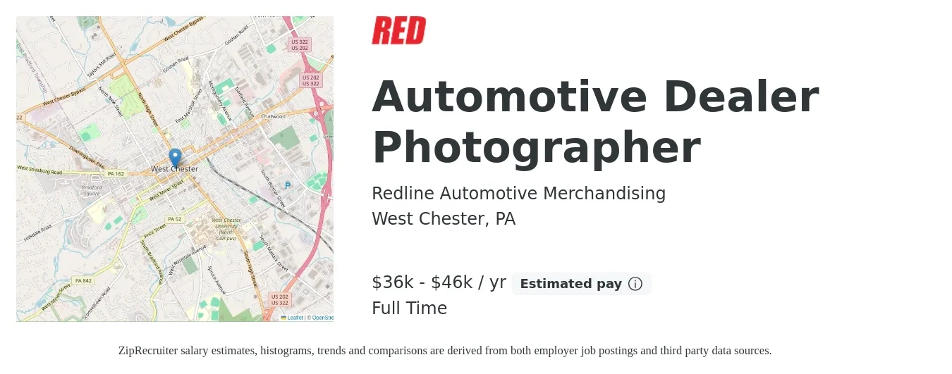 Redline Automotive Merchandising job posting for a Automotive Dealer Photographer in West Chester, PA with a salary of $36,000 to $46,000 Yearly with a map of West Chester location.