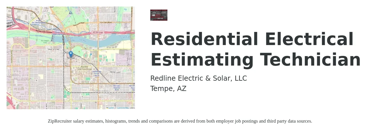 Redline Electric & Solar, LLC job posting for a Residential Electrical Estimating Technician in Tempe, AZ with a salary of $22 to $32 Hourly with a map of Tempe location.