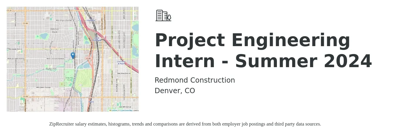 Redmond Construction job posting for a Project Engineering Intern - Summer 2024 in Denver, CO with a salary of $20 Hourly with a map of Denver location.