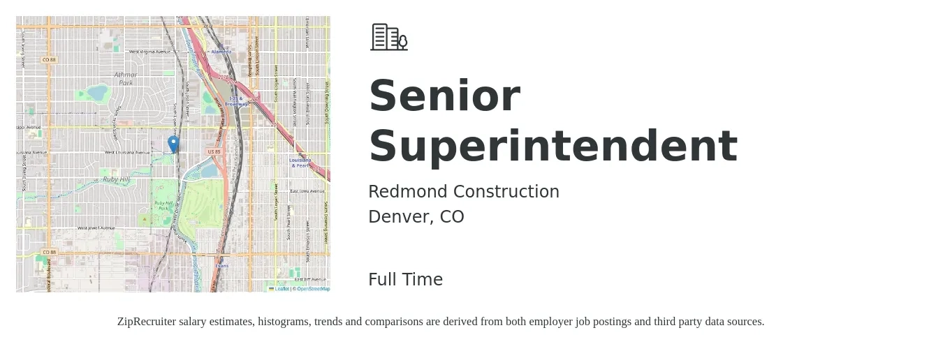 Redmond Construction job posting for a Senior Superintendent in Denver, CO with a salary of $135,000 Yearly with a map of Denver location.