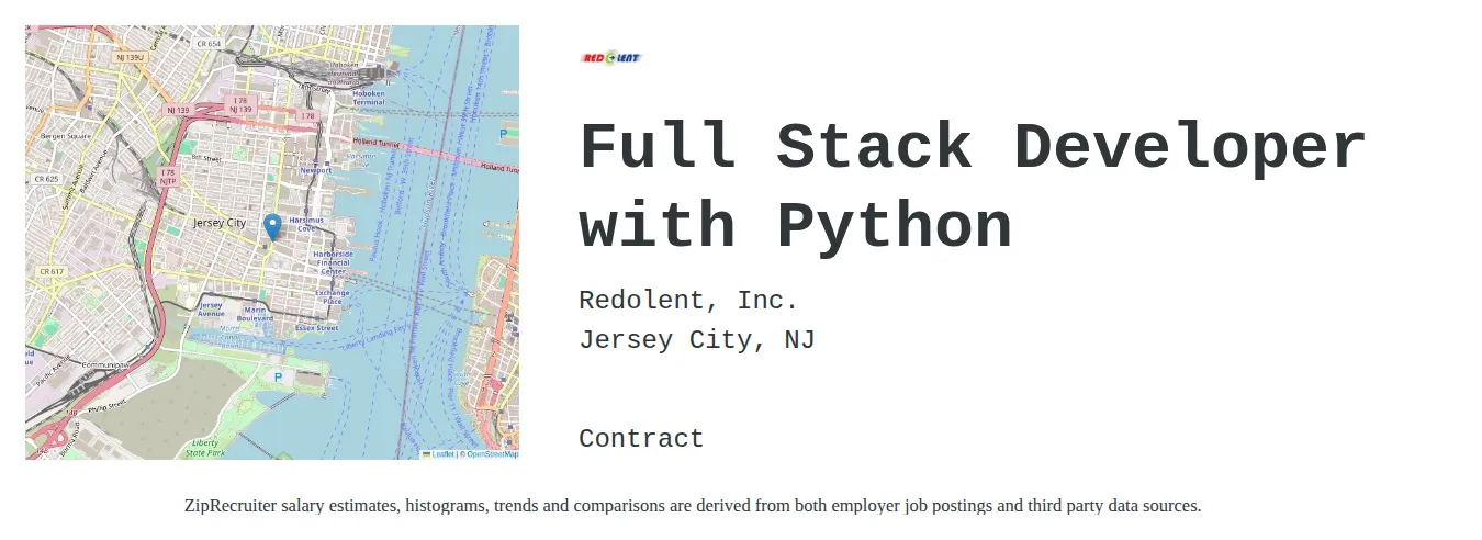 Redolent, Inc. job posting for a Full Stack Developer with Python in Jersey City, NJ with a salary of $113,800 to $157,600 Annually with a map of Jersey City location.