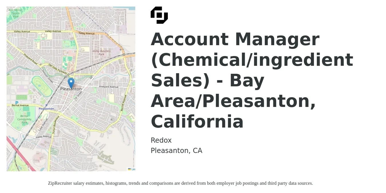 Redox job posting for a Account Manager (Chemical/ingredient Sales) - Bay Area/Pleasanton, California in Pleasanton, CA with a salary of $56,200 to $89,000 Yearly with a map of Pleasanton location.
