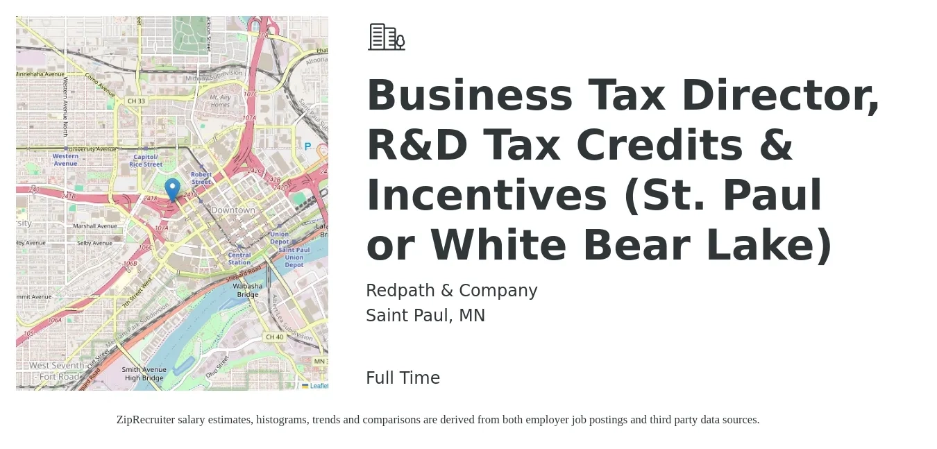 Redpath & Company job posting for a Business Tax Director, R&D Tax Credits & Incentives (St. Paul or White Bear Lake) in Saint Paul, MN with a salary of $159,300 to $224,000 Yearly with a map of Saint Paul location.