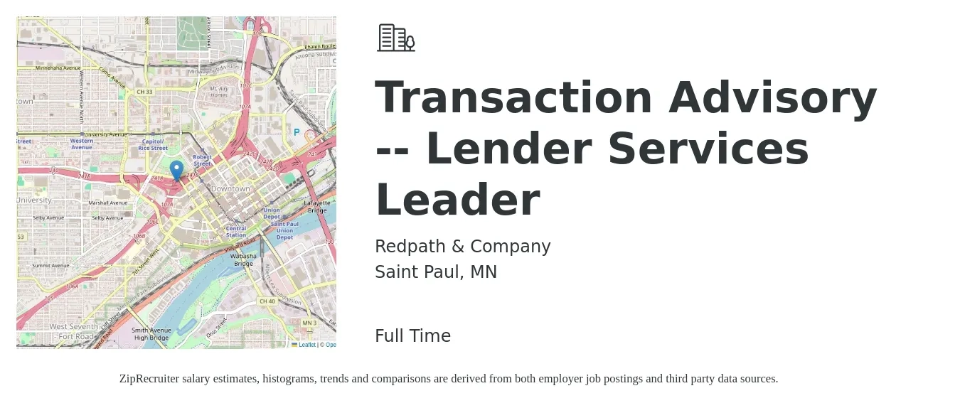 Redpath & Company job posting for a Transaction Advisory -- Lender Services Leader in Saint Paul, MN with a salary of $122,400 to $179,000 Yearly with a map of Saint Paul location.