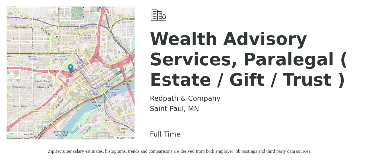 Redpath & Company job posting for a Wealth Advisory Services, Paralegal ( Estate / Gift / Trust ) in Saint Paul, MN with a salary of $55,100 to $90,500 Yearly with a map of Saint Paul location.
