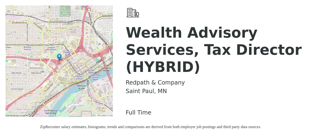 Redpath & Company job posting for a Wealth Advisory Services, Tax Director (HYBRID) in Saint Paul, MN with a salary of $134,000 to $178,500 Yearly with a map of Saint Paul location.