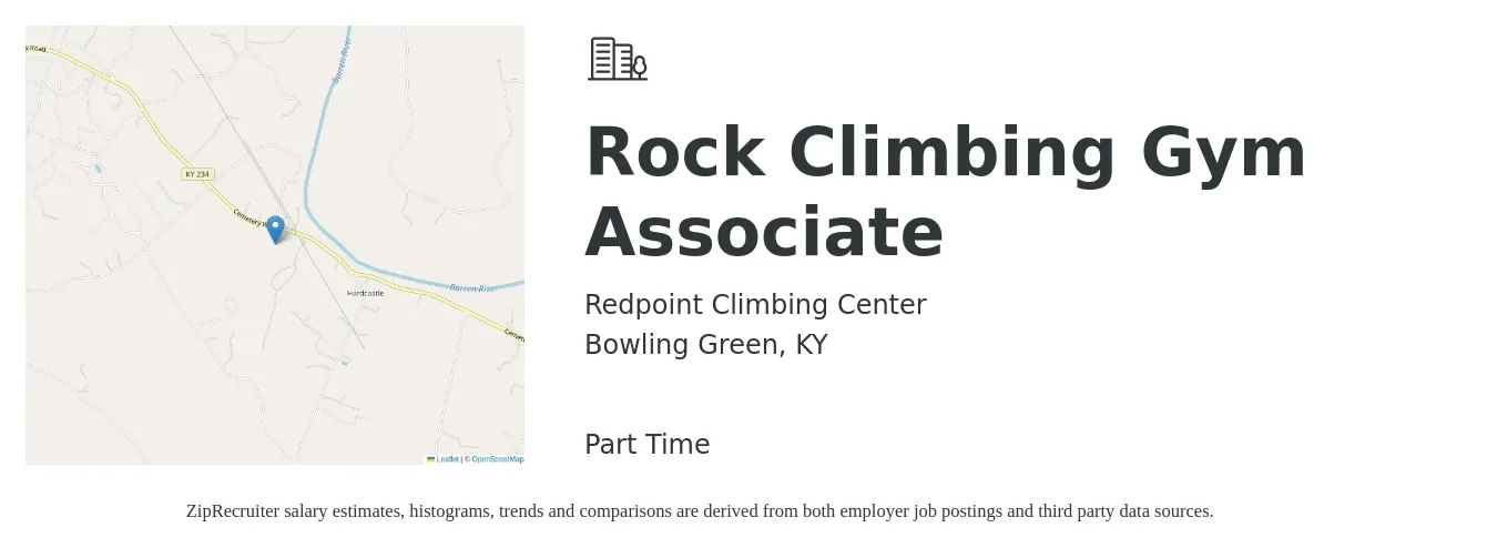 Redpoint Climbing Center job posting for a Rock Climbing Gym Associate in Bowling Green, KY with a salary of $41,200 to $208,300 Yearly with a map of Bowling Green location.