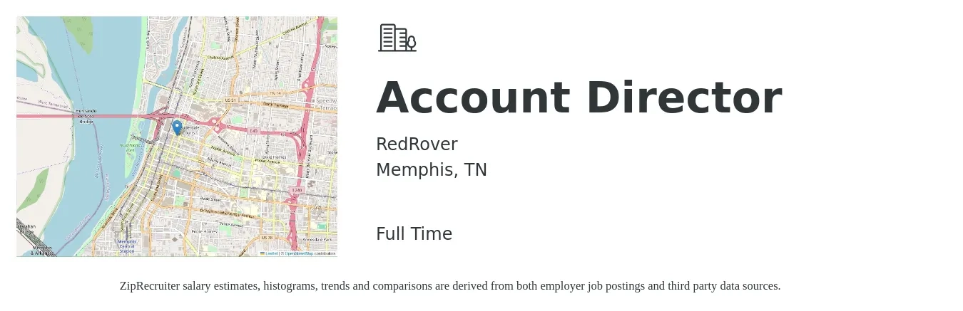 RedRover job posting for a Account Director in Memphis, TN with a salary of $92,300 to $119,000 Yearly with a map of Memphis location.