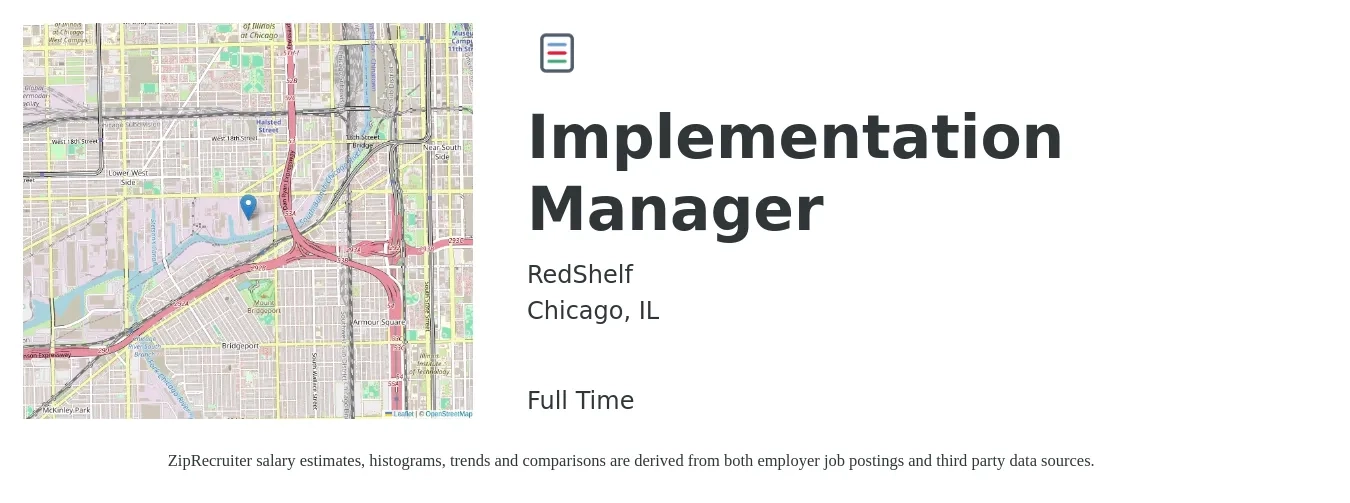 RedShelf job posting for a Implementation Manager in Chicago, IL with a salary of $77,800 to $124,700 Yearly with a map of Chicago location.