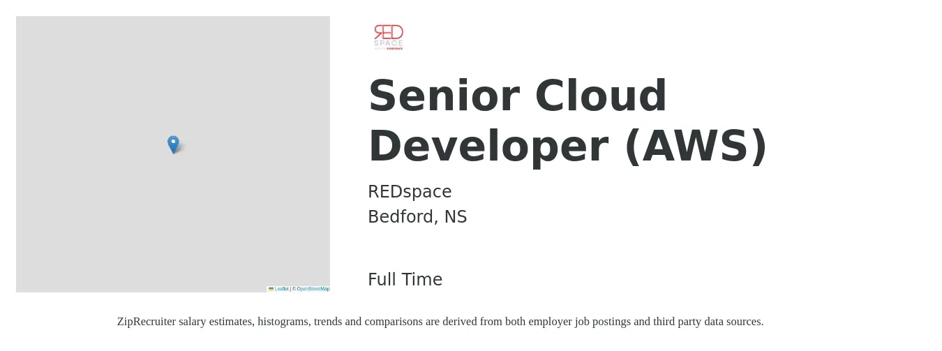 REDspace job posting for a Senior Cloud Developer (AWS) in Bedford, NS with a map of Bedford location.