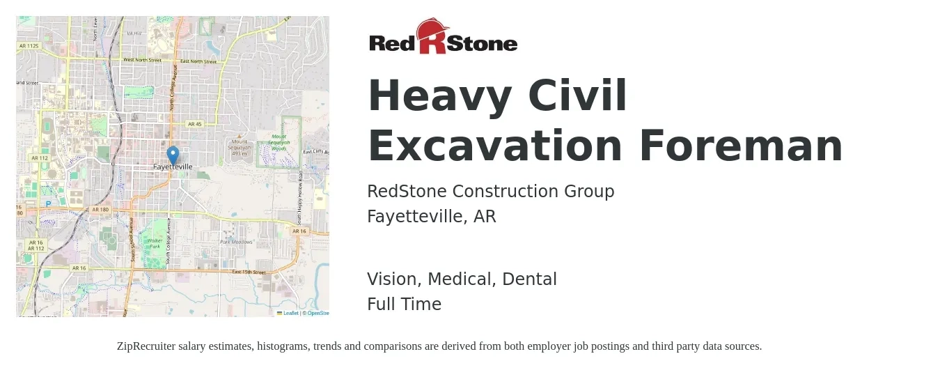RedStone Construction Group job posting for a Heavy Civil Excavation Foreman in Fayetteville, AR with a salary of $24 to $33 Hourly and benefits including vision, dental, life_insurance, medical, pto, and retirement with a map of Fayetteville location.