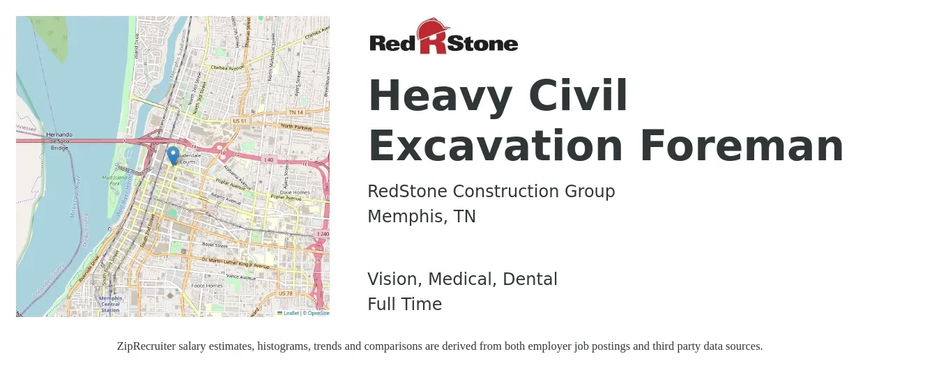 RedStone Construction Group job posting for a Heavy Civil Excavation Foreman in Memphis, TN with a salary of $24 to $34 Hourly and benefits including pto, retirement, vision, dental, life_insurance, and medical with a map of Memphis location.