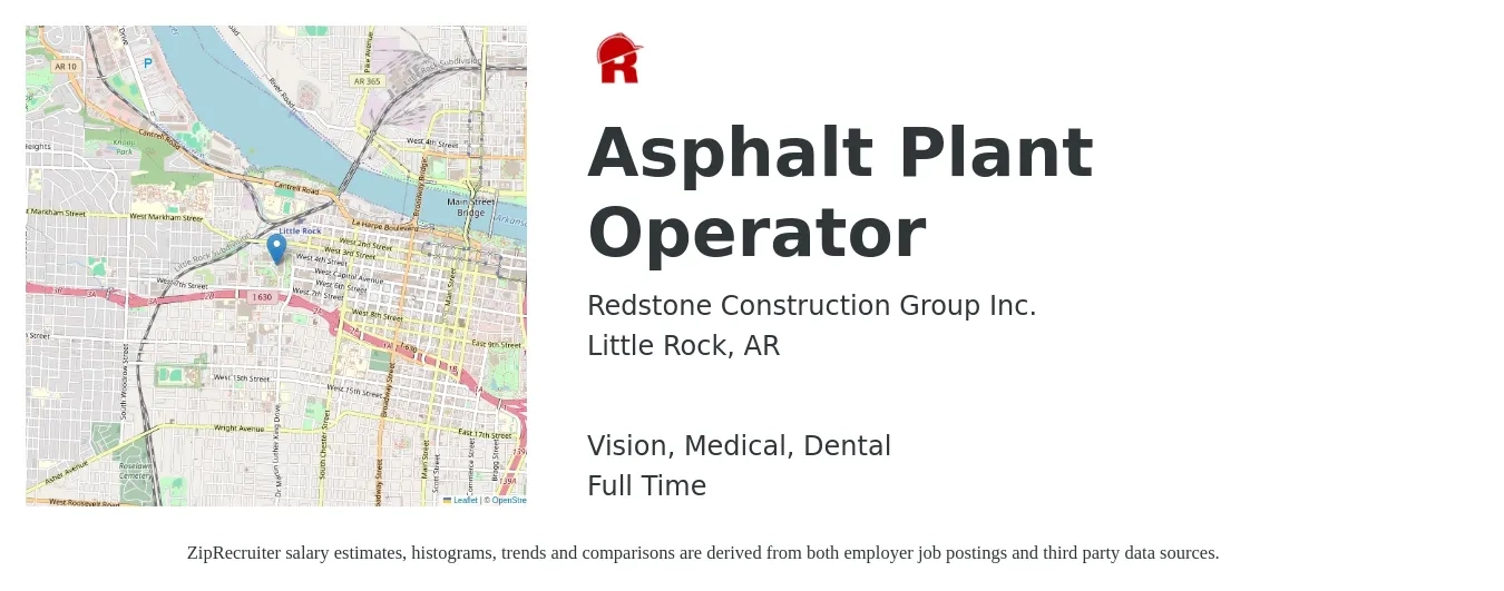 Redstone Construction Group Inc. job posting for a Asphalt Plant Operator in Little Rock, AR with a salary of $17 to $30 Hourly and benefits including medical, retirement, vision, dental, and life_insurance with a map of Little Rock location.