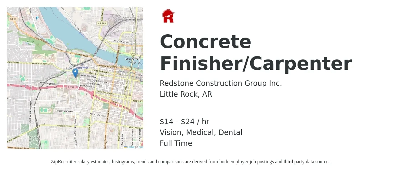 Redstone Construction Group Inc. job posting for a Concrete Finisher/Carpenter in Little Rock, AR with a salary of $15 to $25 Hourly and benefits including life_insurance, medical, retirement, vision, and dental with a map of Little Rock location.