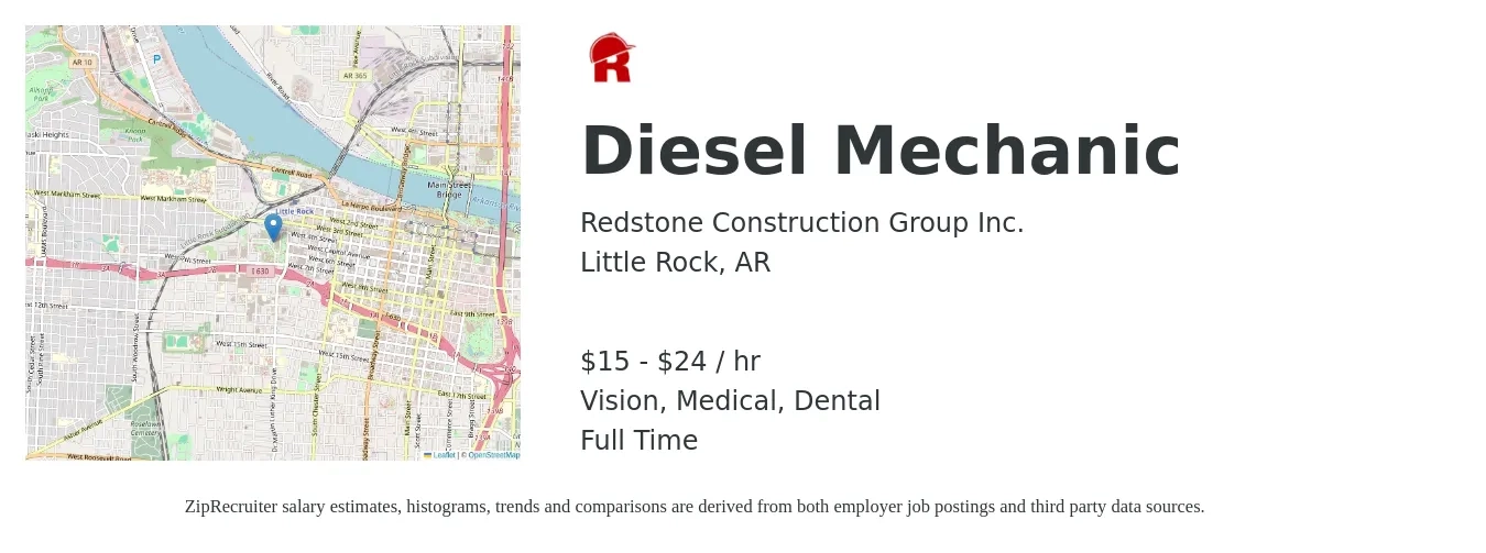 Redstone Construction Group Inc. job posting for a Diesel Mechanic in Little Rock, AR with a salary of $16 to $25 Hourly and benefits including retirement, vision, dental, life_insurance, and medical with a map of Little Rock location.