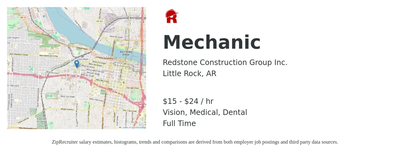 Redstone Construction Group Inc. job posting for a Mechanic in Little Rock, AR with a salary of $16 to $25 Hourly and benefits including retirement, vision, dental, life_insurance, and medical with a map of Little Rock location.