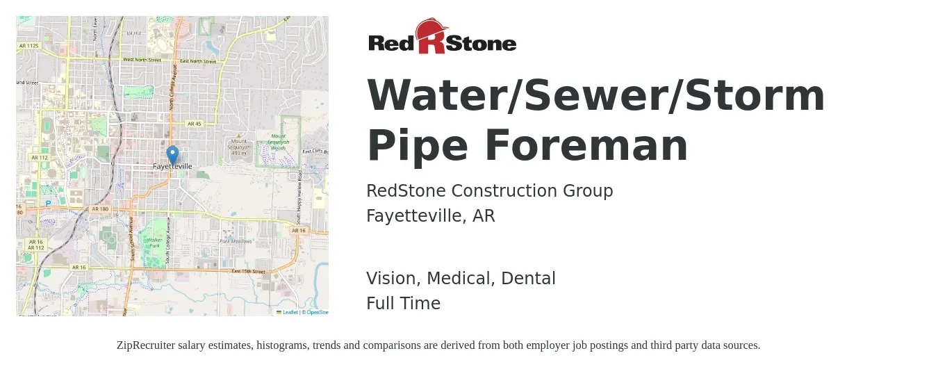 RedStone Construction Group job posting for a Water/Sewer/Storm Pipe Foreman in Fayetteville, AR with a salary of $28 to $39 Hourly and benefits including dental, life_insurance, medical, pto, retirement, and vision with a map of Fayetteville location.