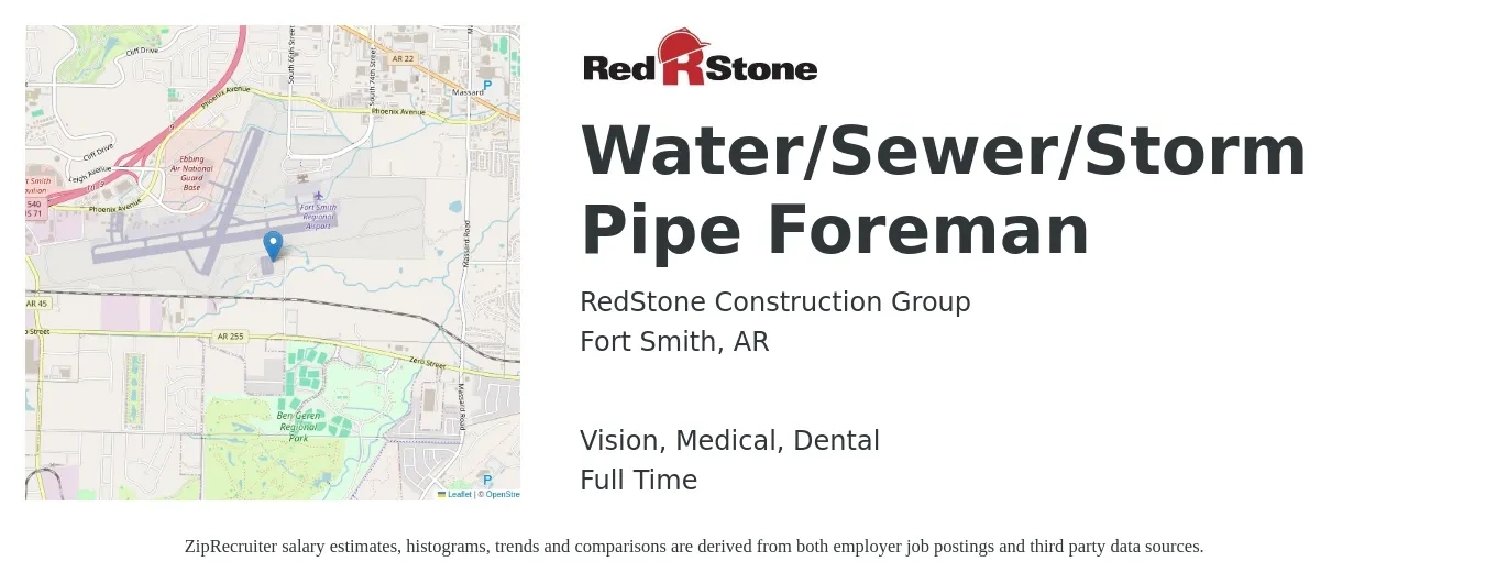 RedStone Construction Group job posting for a Water/Sewer/Storm Pipe Foreman in Fort Smith, AR with a salary of $28 to $39 Hourly and benefits including dental, life_insurance, medical, pto, retirement, and vision with a map of Fort Smith location.