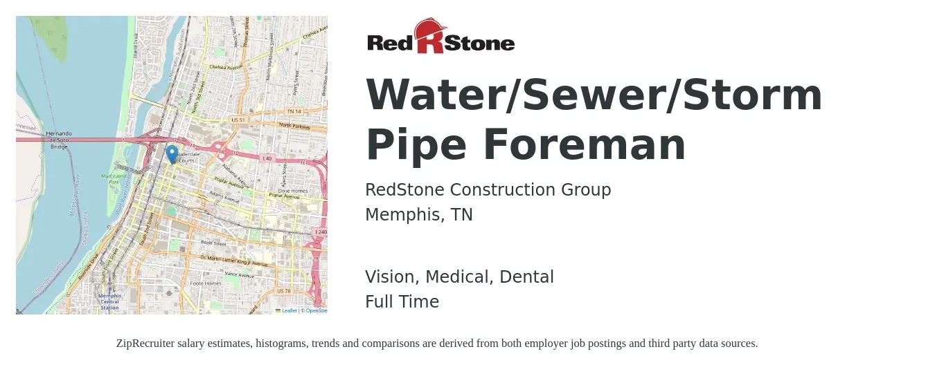 RedStone Construction Group job posting for a Water/Sewer/Storm Pipe Foreman in Memphis, TN with a salary of $28 to $39 Hourly and benefits including retirement, vision, dental, life_insurance, medical, and pto with a map of Memphis location.