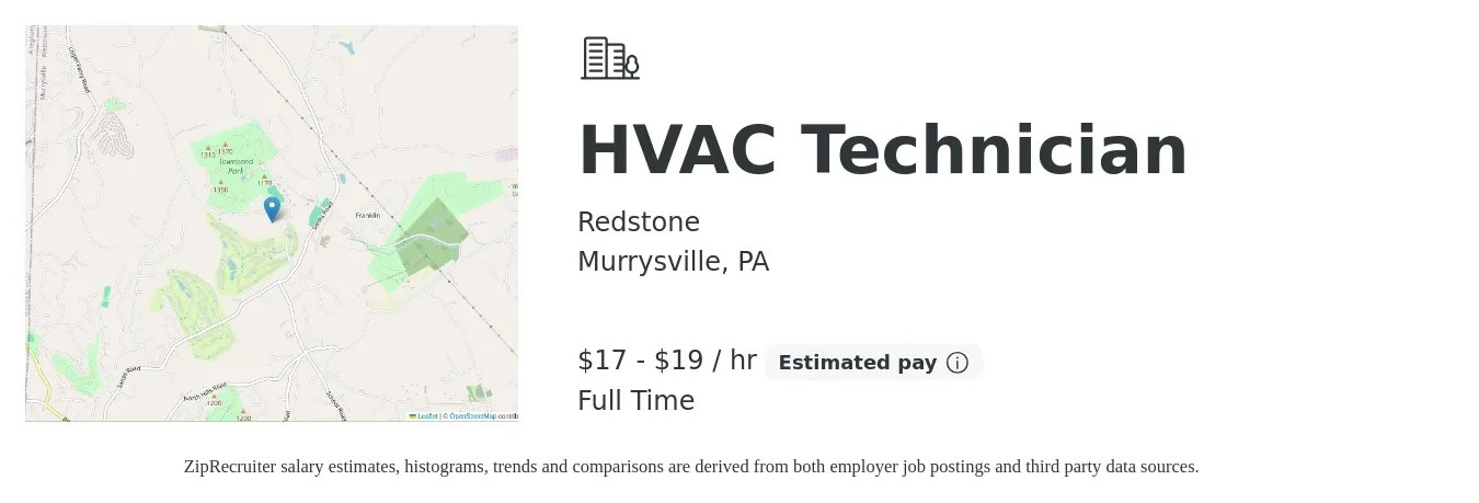 Redstone job posting for a HVAC Technician in Murrysville, PA with a salary of $18 to $20 Hourly with a map of Murrysville location.