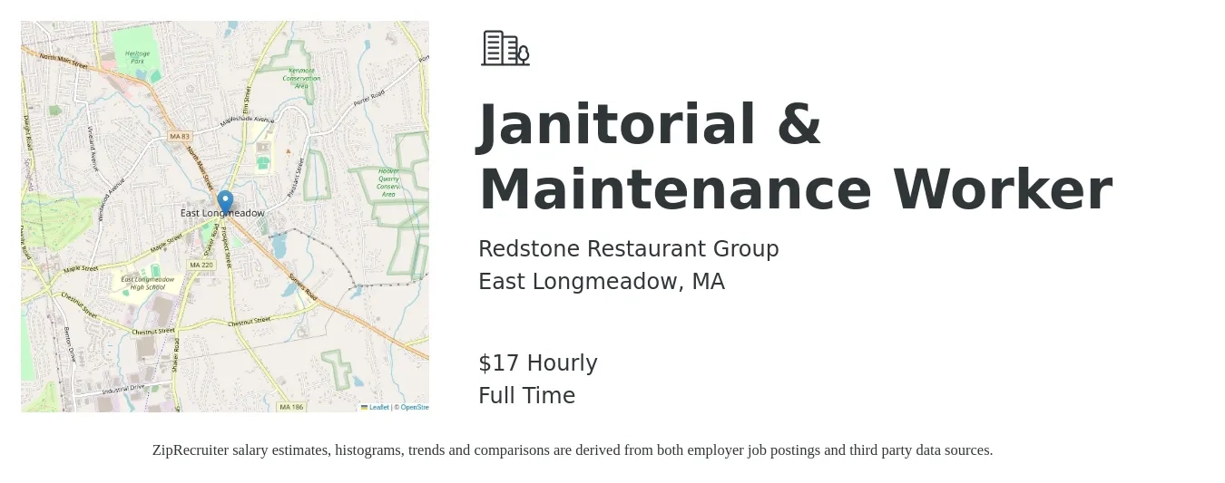 Redstone Restaurant Group job posting for a Janitorial & Maintenance Worker in East Longmeadow, MA with a salary of $18 Hourly with a map of East Longmeadow location.