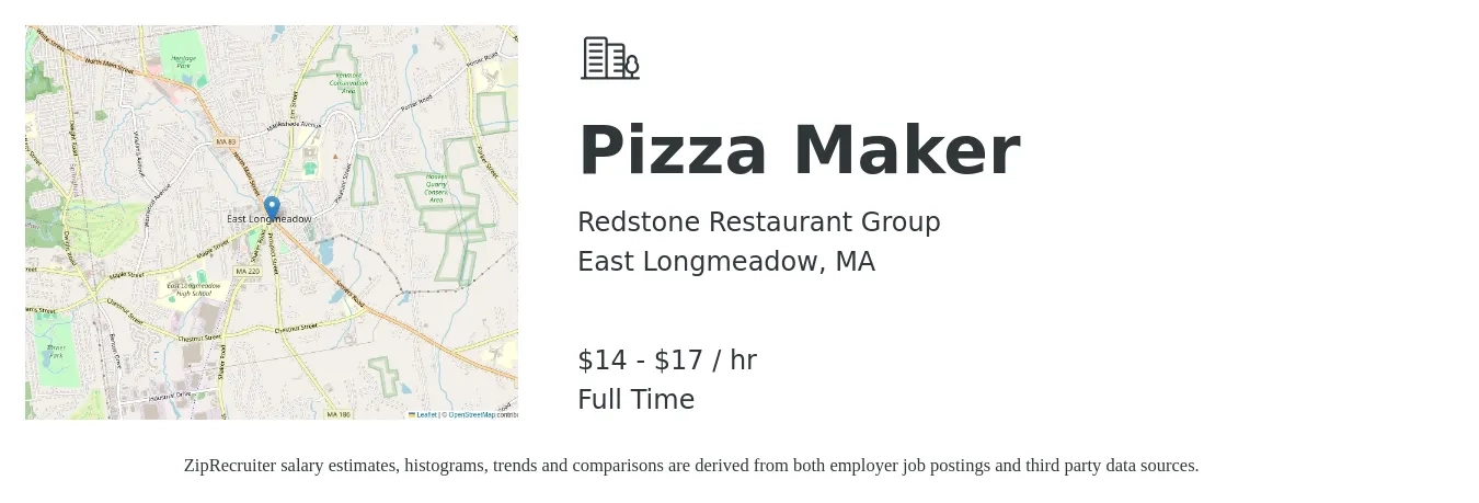 Redstone Restaurant Group job posting for a Pizza Maker in East Longmeadow, MA with a salary of $15 to $18 Hourly with a map of East Longmeadow location.