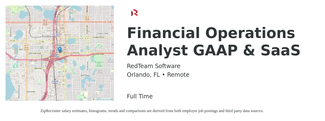 RedTeam Software job posting for a Financial Operations Analyst GAAP & SaaS in Orlando, FL with a salary of $82,600 to $128,800 Yearly with a map of Orlando location.