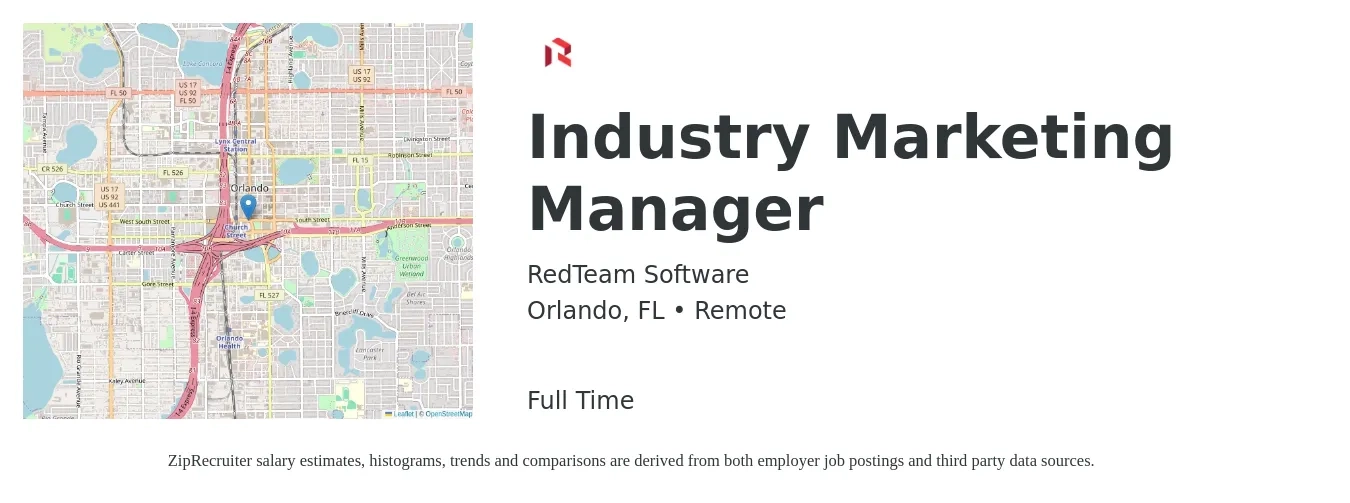 RedTeam Software job posting for a Industry Marketing Manager in Orlando, FL with a salary of $56,000 to $91,500 Yearly with a map of Orlando location.