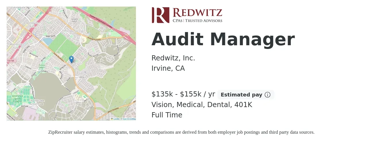 Redwitz, Inc. job posting for a Audit Manager in Irvine, CA with a salary of $135,000 to $155,000 Yearly and benefits including 401k, dental, life_insurance, medical, and vision with a map of Irvine location.