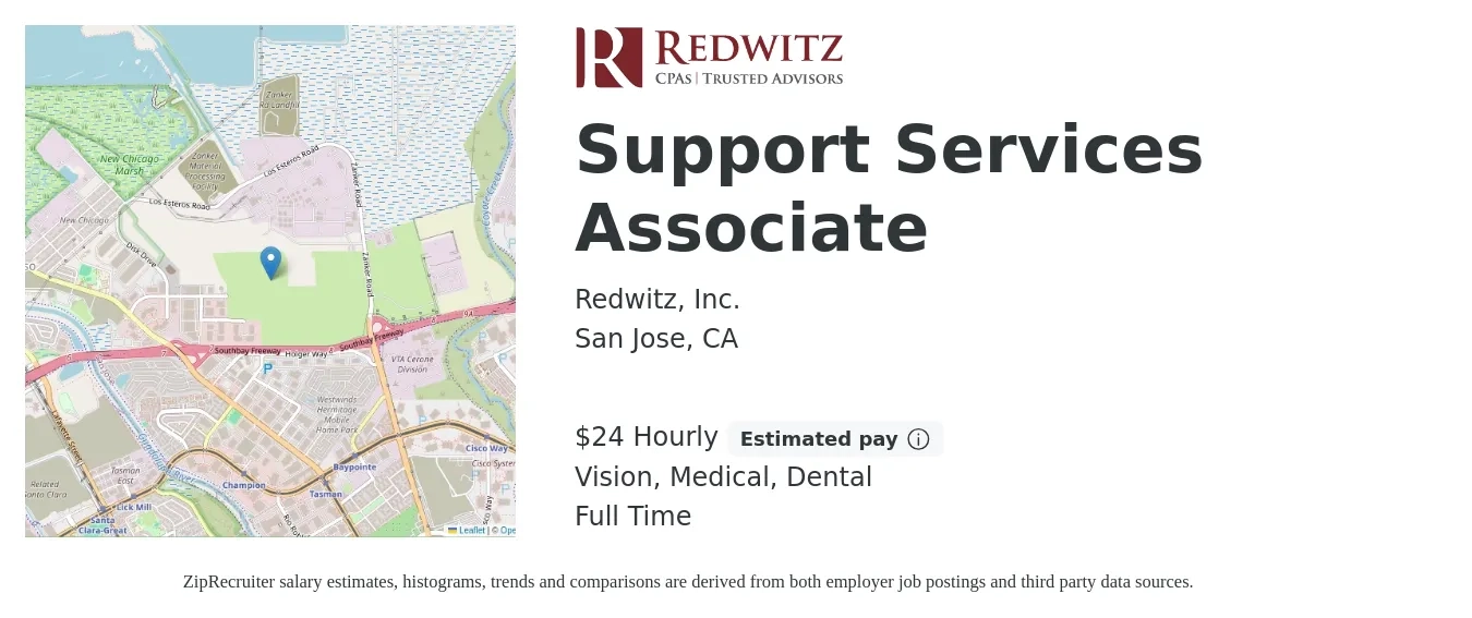 Redwitz, Inc. job posting for a Support Services Associate in San Jose, CA with a salary of $25 Hourly and benefits including vision, dental, life_insurance, medical, pto, and retirement with a map of San Jose location.