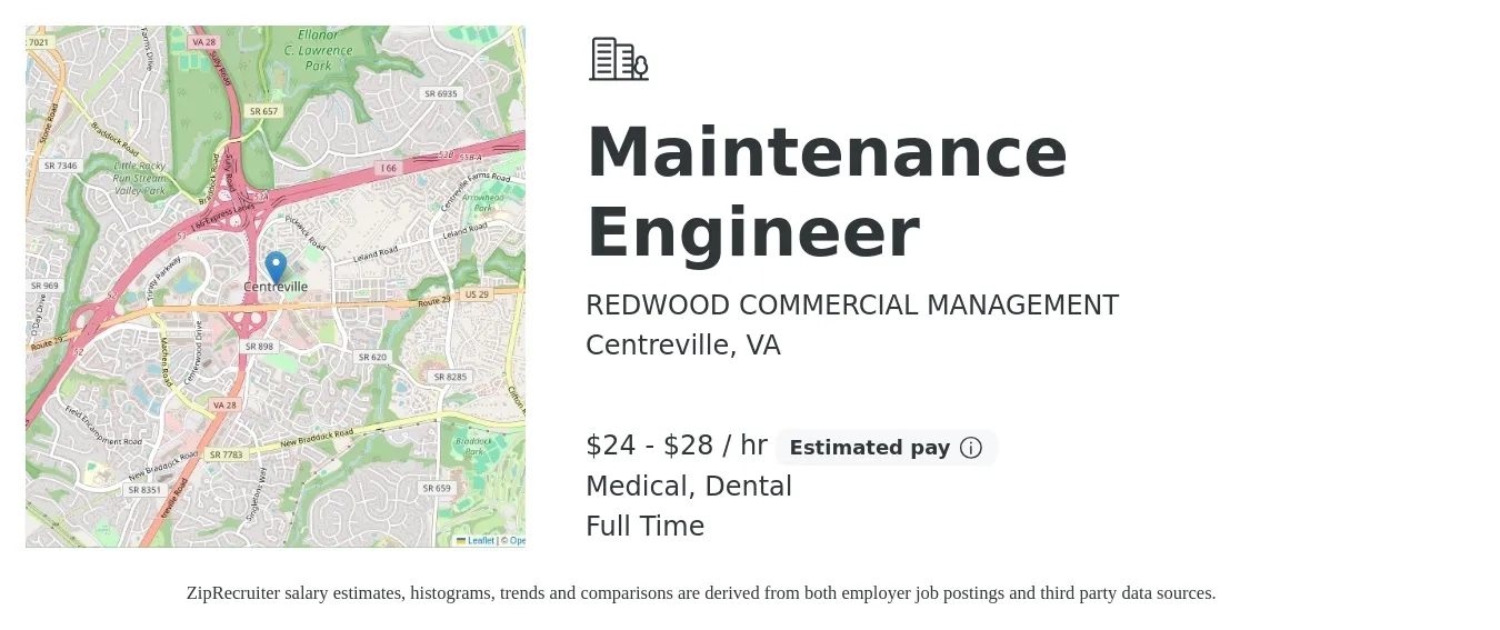 REDWOOD COMMERCIAL MANAGEMENT job posting for a Maintenance Engineer in Centreville, VA with a salary of $25 to $30 Hourly and benefits including life_insurance, medical, pto, and dental with a map of Centreville location.