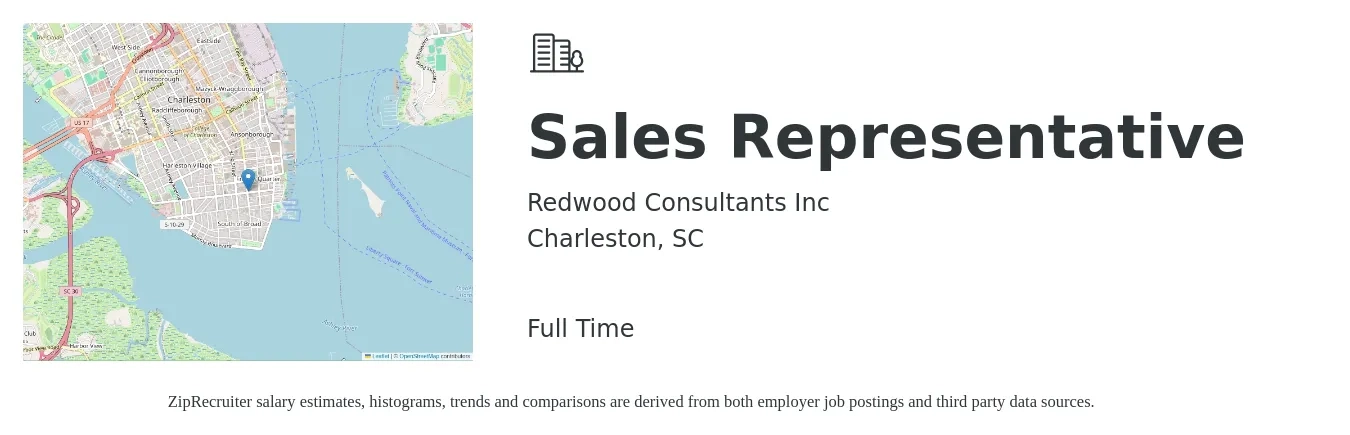 Redwood Consultants Inc job posting for a Sales Representative in Charleston, SC with a salary of $50,100 to $87,000 Yearly with a map of Charleston location.