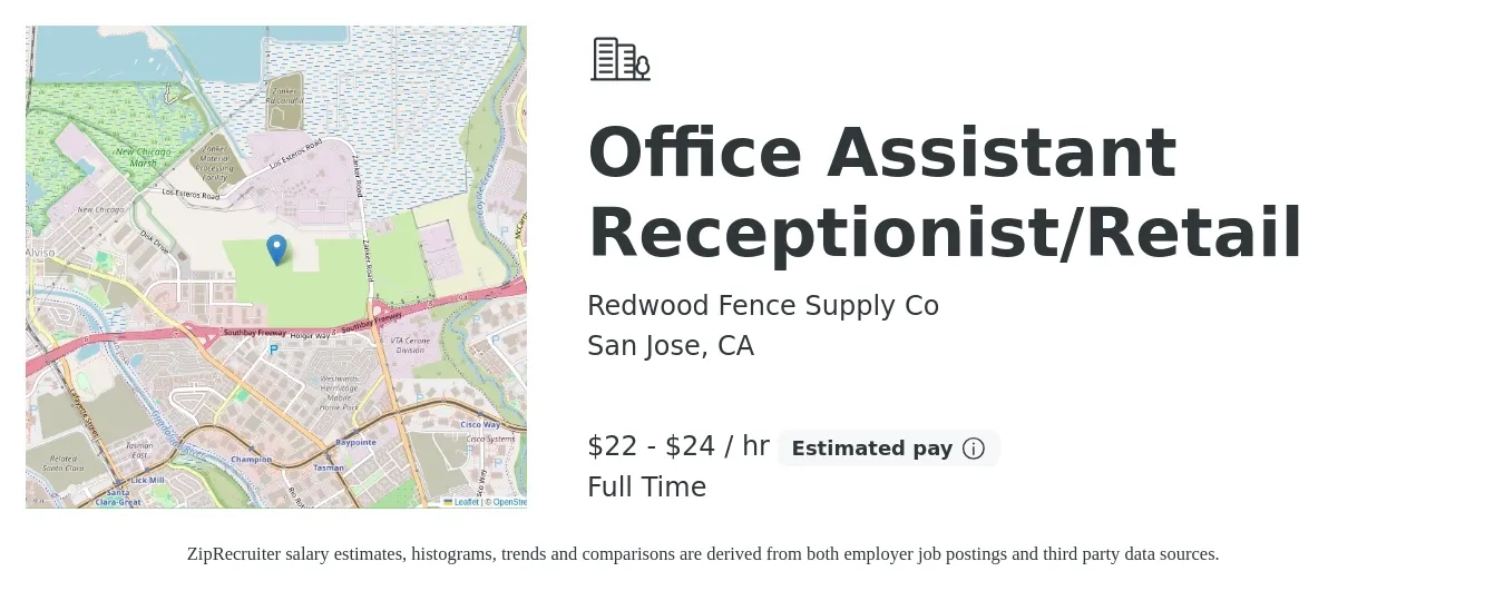 Redwood Fence Supply Co job posting for a Office Assistant Receptionist/Retail in San Jose, CA with a salary of $23 to $25 Hourly with a map of San Jose location.