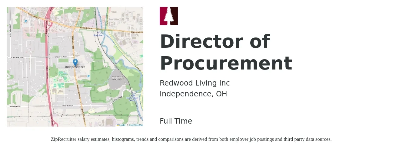 Redwood Living Inc job posting for a Director of Procurement in Independence, OH with a salary of $100,500 to $159,900 Yearly with a map of Independence location.