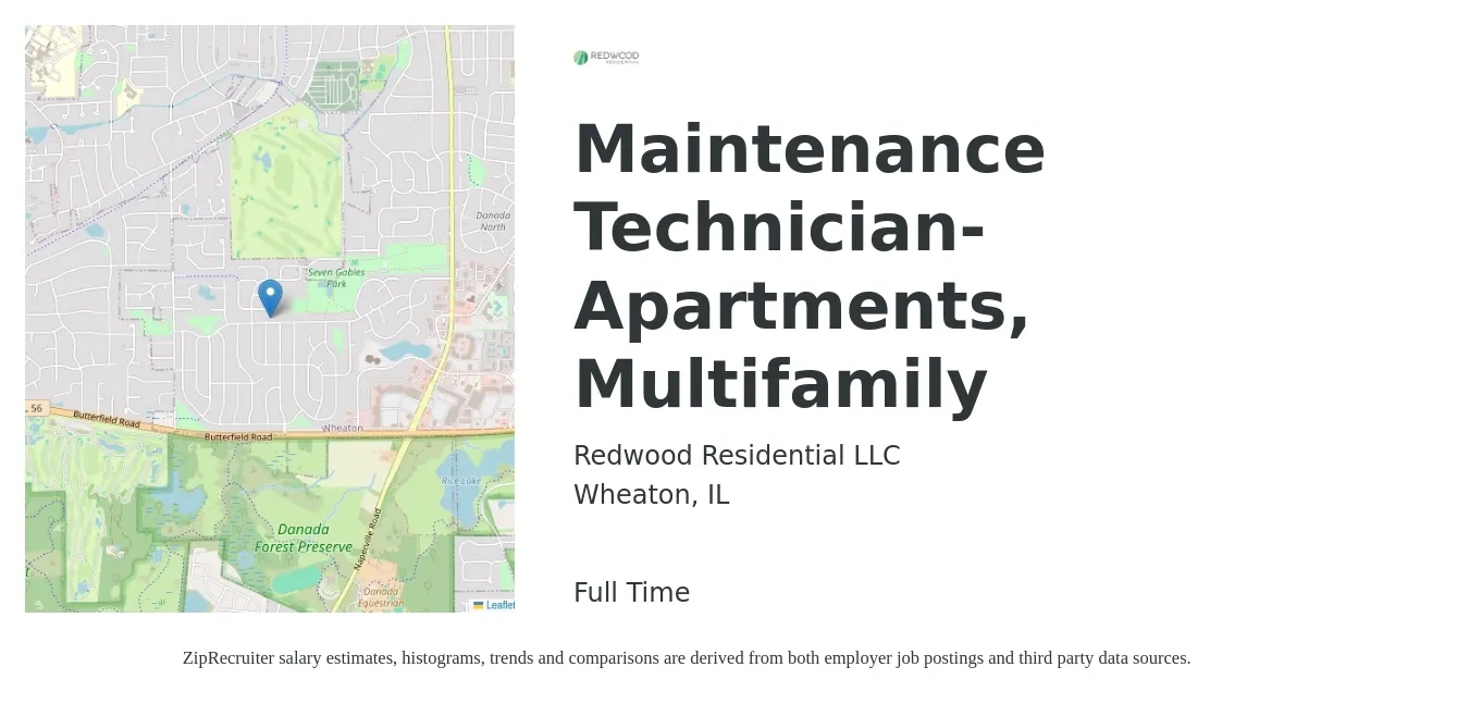 Redwood Residential LLC job posting for a Maintenance Technician- Apartments, Multifamily in Wheaton, IL with a salary of $19 to $26 Hourly with a map of Wheaton location.