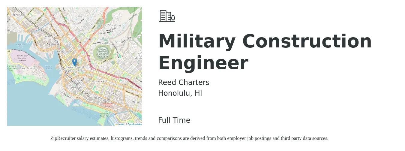 Reed Charters job posting for a Military Construction Engineer in Honolulu, HI with a salary of $70,100 to $100,800 Yearly with a map of Honolulu location.